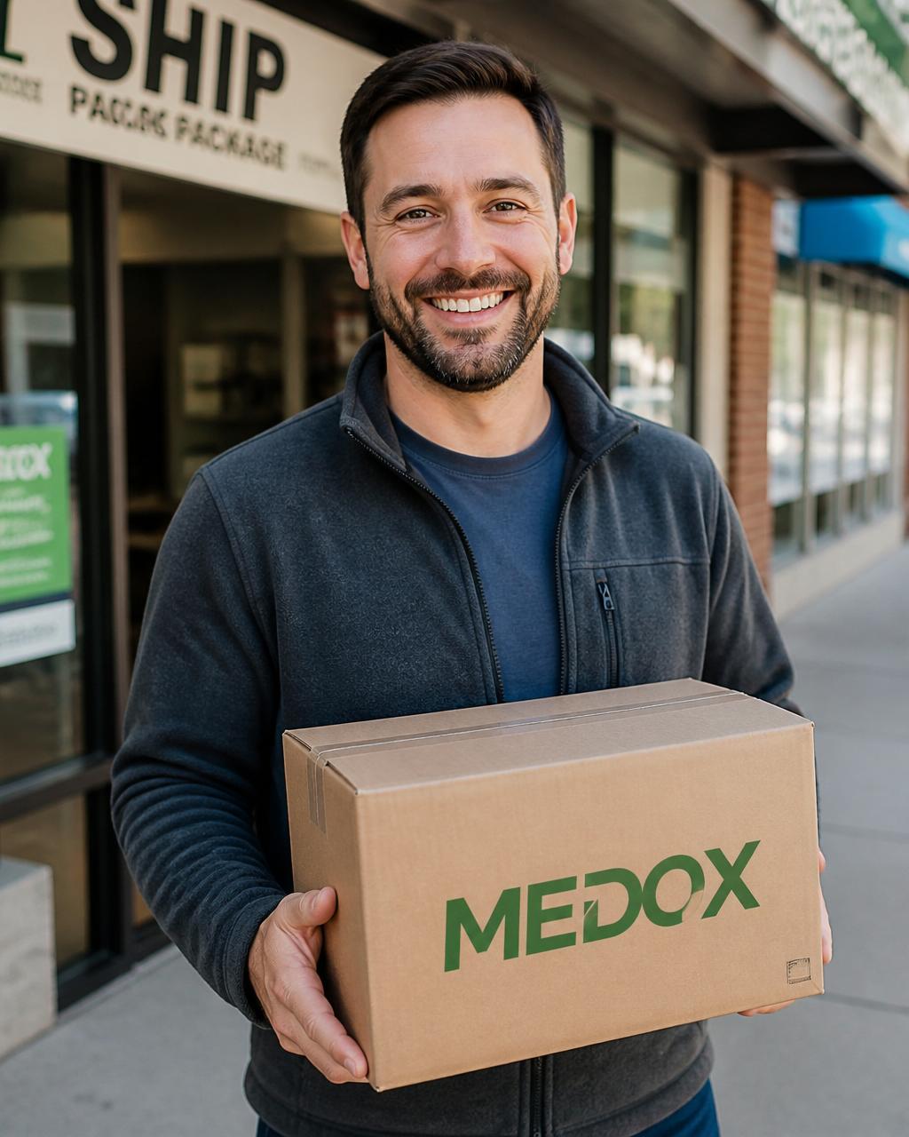 Happy MEDOX customer holding a MEDOX-branded shipping box