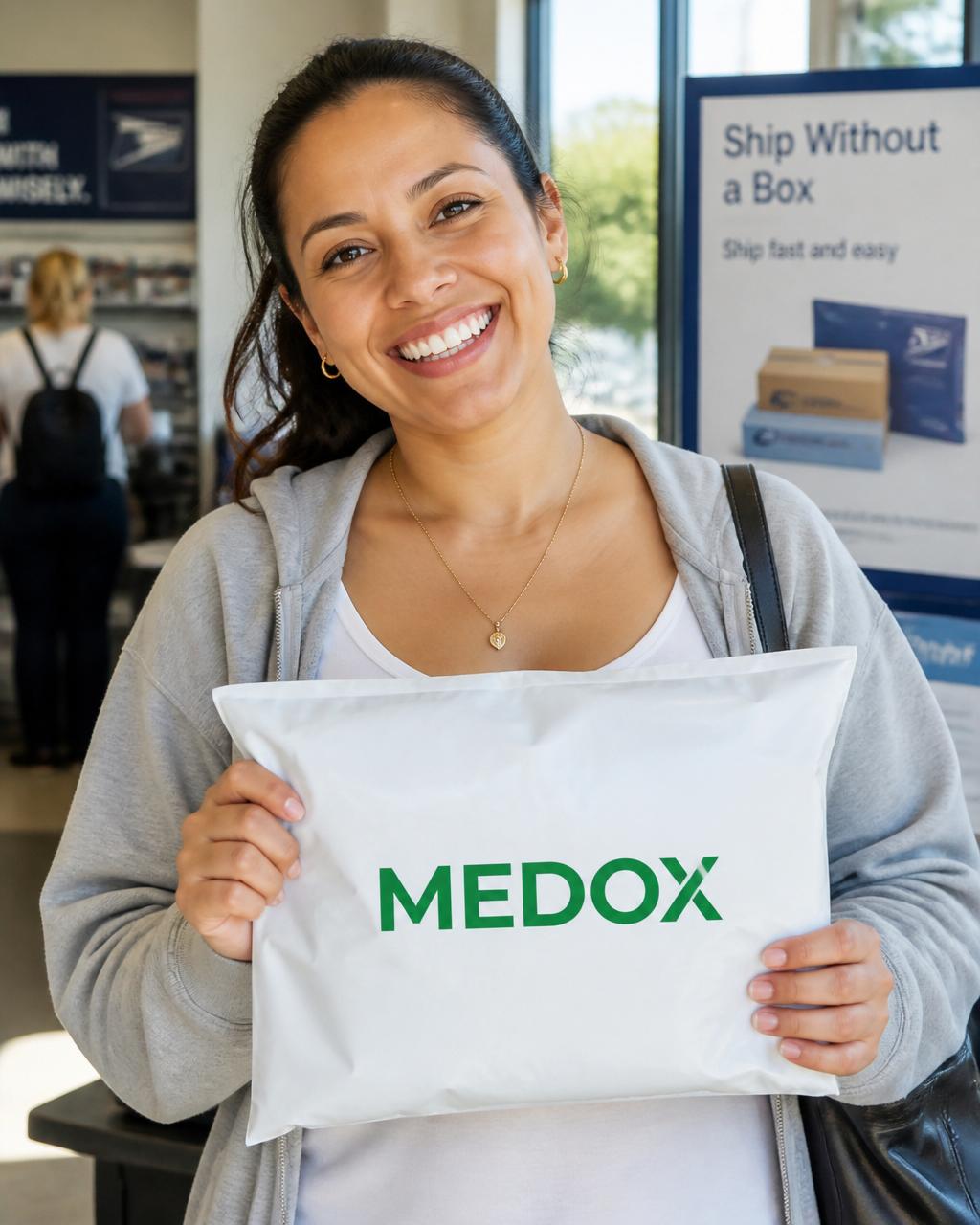 Happy MEDOX customer holding a MEDOX-branded poly mailer