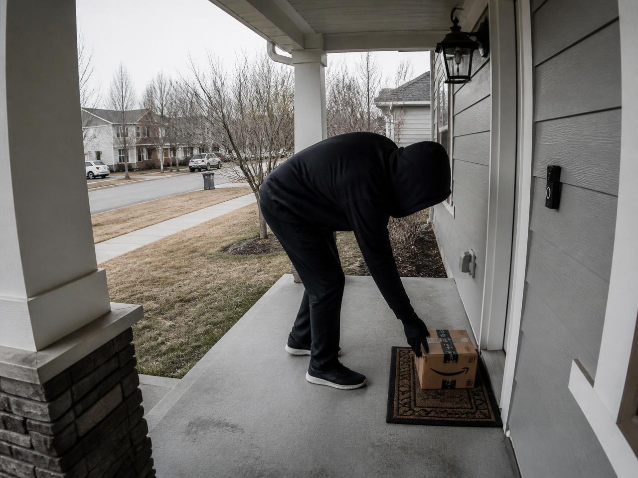 A hooded thief stealing an Amazon package from a suburban front porch